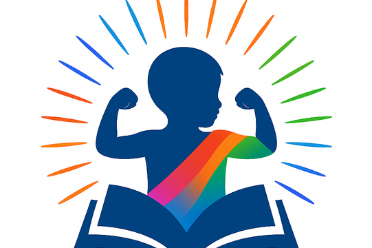 Auf dem Logo ist schematisch ein Kind vor einem offenen Buch abgebildet. Das Kind hat die Arme gehoben und spannt die Muskeln an. Vom Kind gehen bunte Strahlen aus.