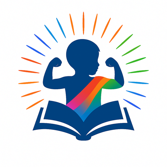 Auf dem Logo ist schematisch ein Kind vor einem offenen Buch abgebildet. Das Kind hat die Arme gehoben und spannt die Muskeln an. Vom Kind gehen bunte Strahlen aus.