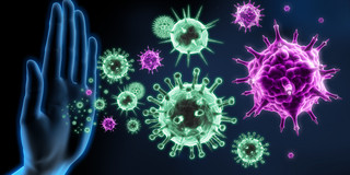Grafik von türkisen und violetten Viren vor schwarzem Hintergrund, die von einem hellblauen Umriss einer Hand in der linken Bildhälfte abgewehrt werden.