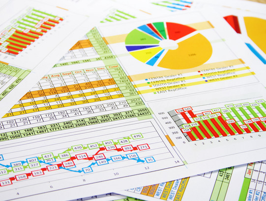 Paper pages with tables, pie charts, column charts as well as graph charts lie on top of each other.